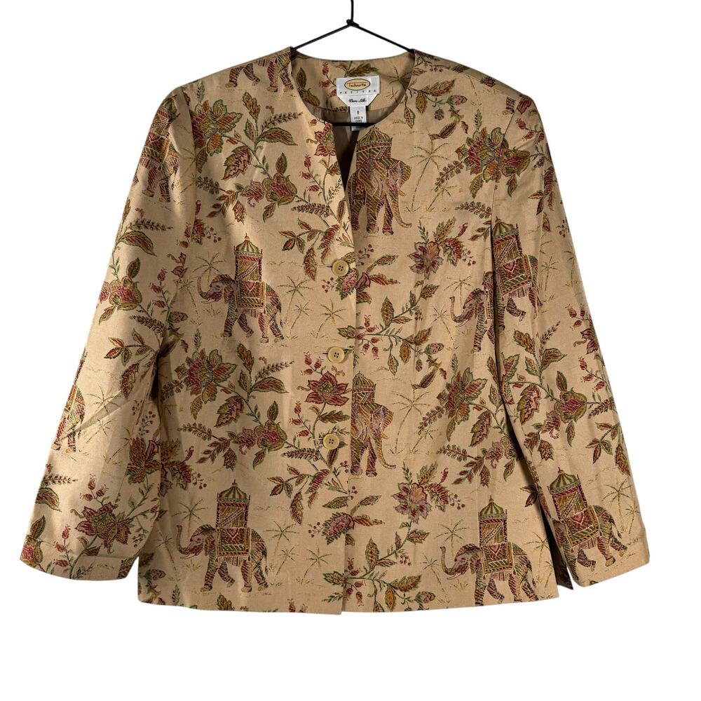 Talbots Womens Beige Floral Button Up Long Sleeve Lined  Pure Silk Blazer Size 8